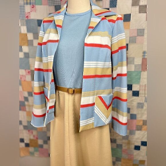 Late 1960’s Kay Windsor Sky Blue, Beige and Orange Poly Dress and Jacket Set - Picture 2 of 6